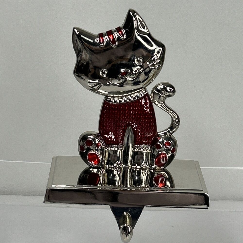 Cat Christmas Stocking Holder Silver Red Mantle Metal Hanger Fireplace